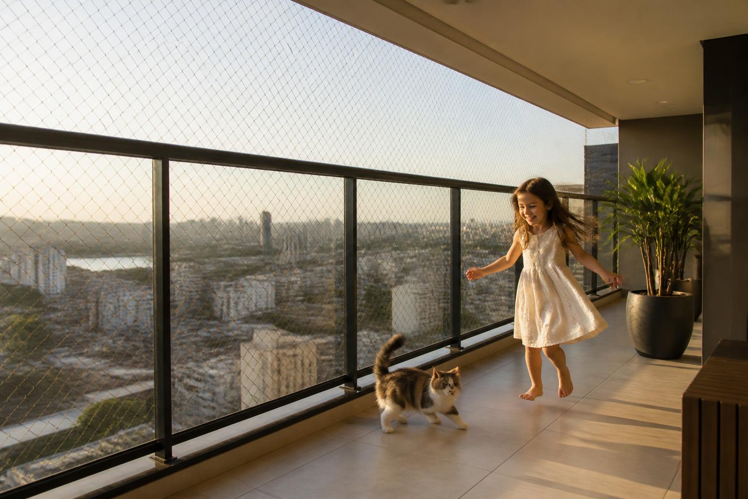 Sacada de apartamento com rede de proteção instalada, criança e gato brincando com segurança