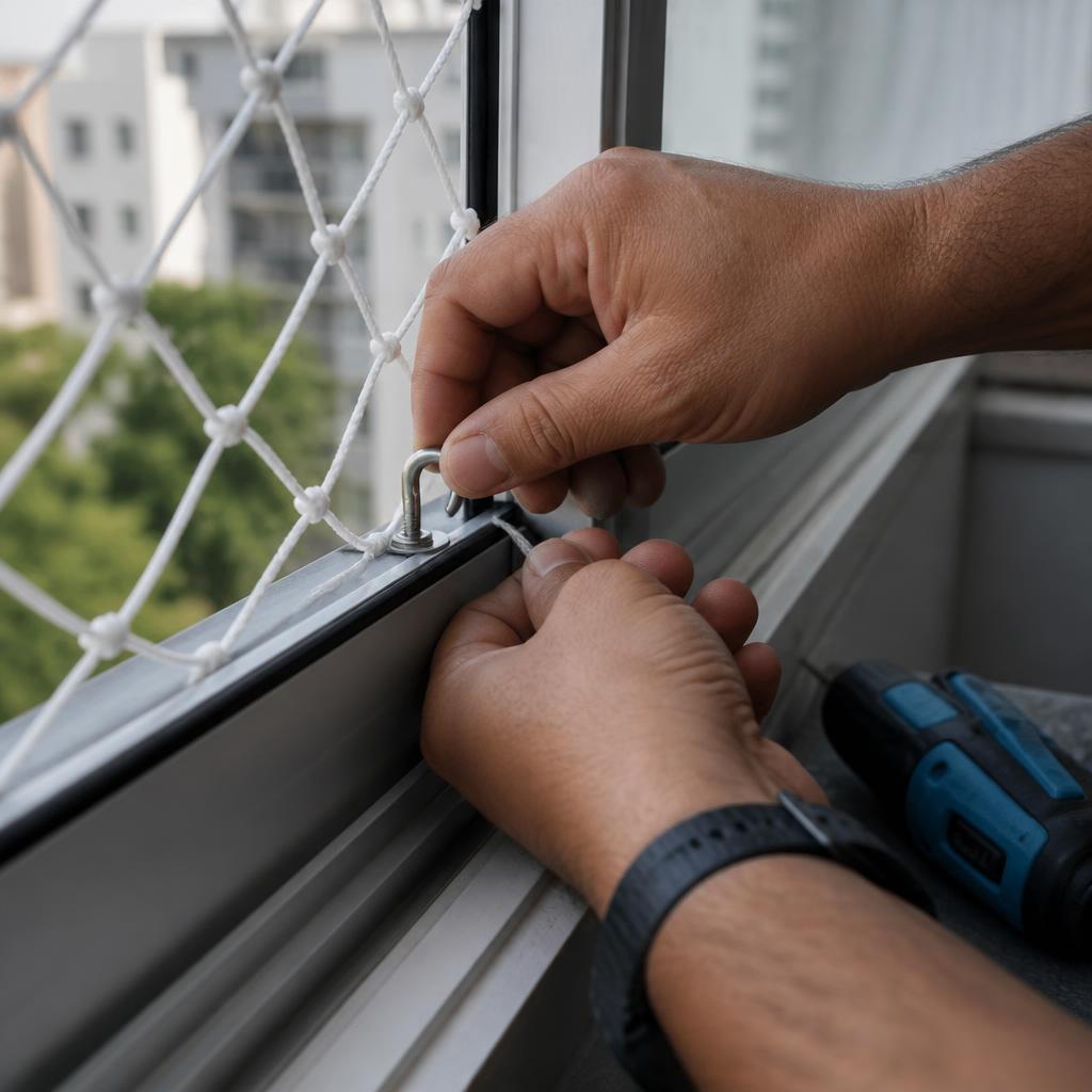 Instalador fixando rede de proteção com gancho em janela